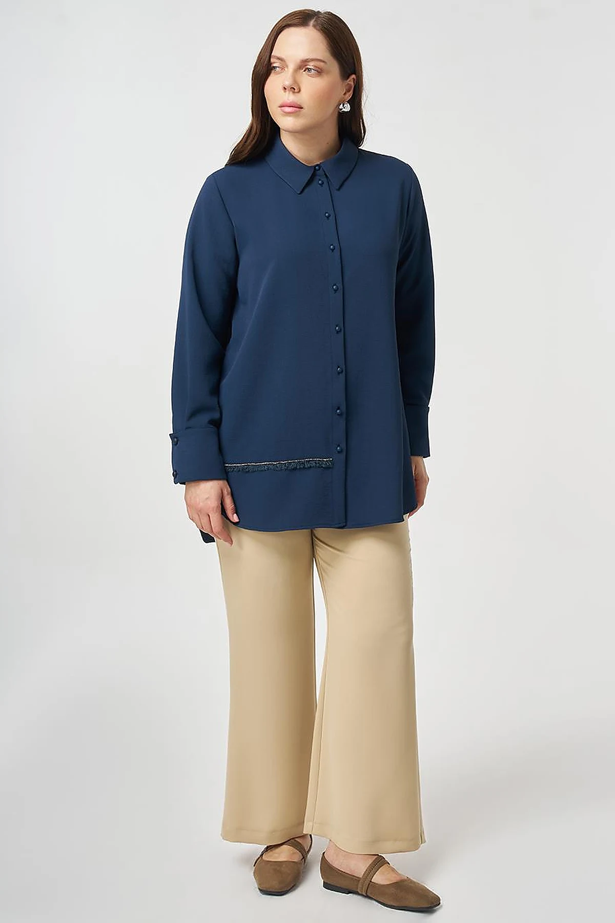 Striped Detail Shirt Collar Tunic Dark Navy