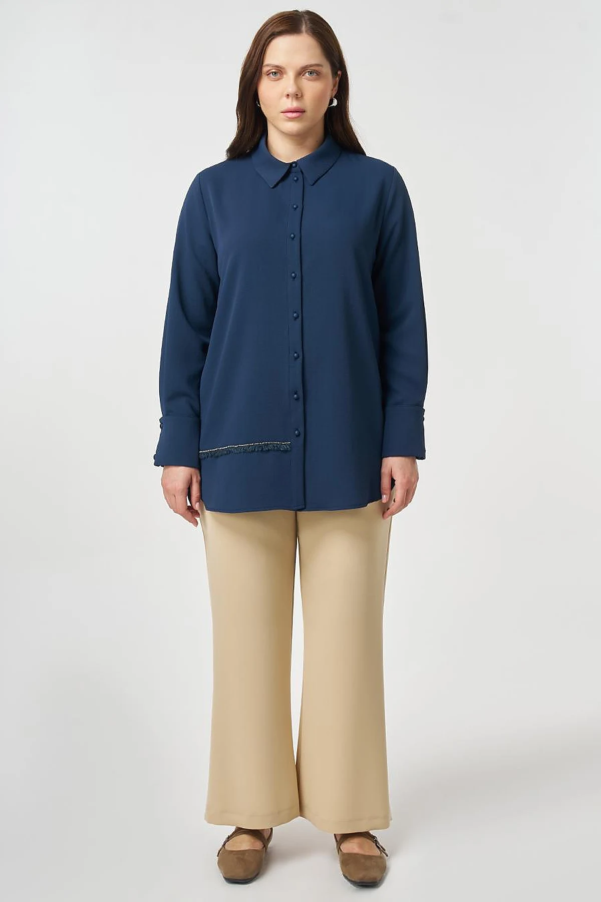 Striped Detail Shirt Collar Tunic Dark Navy