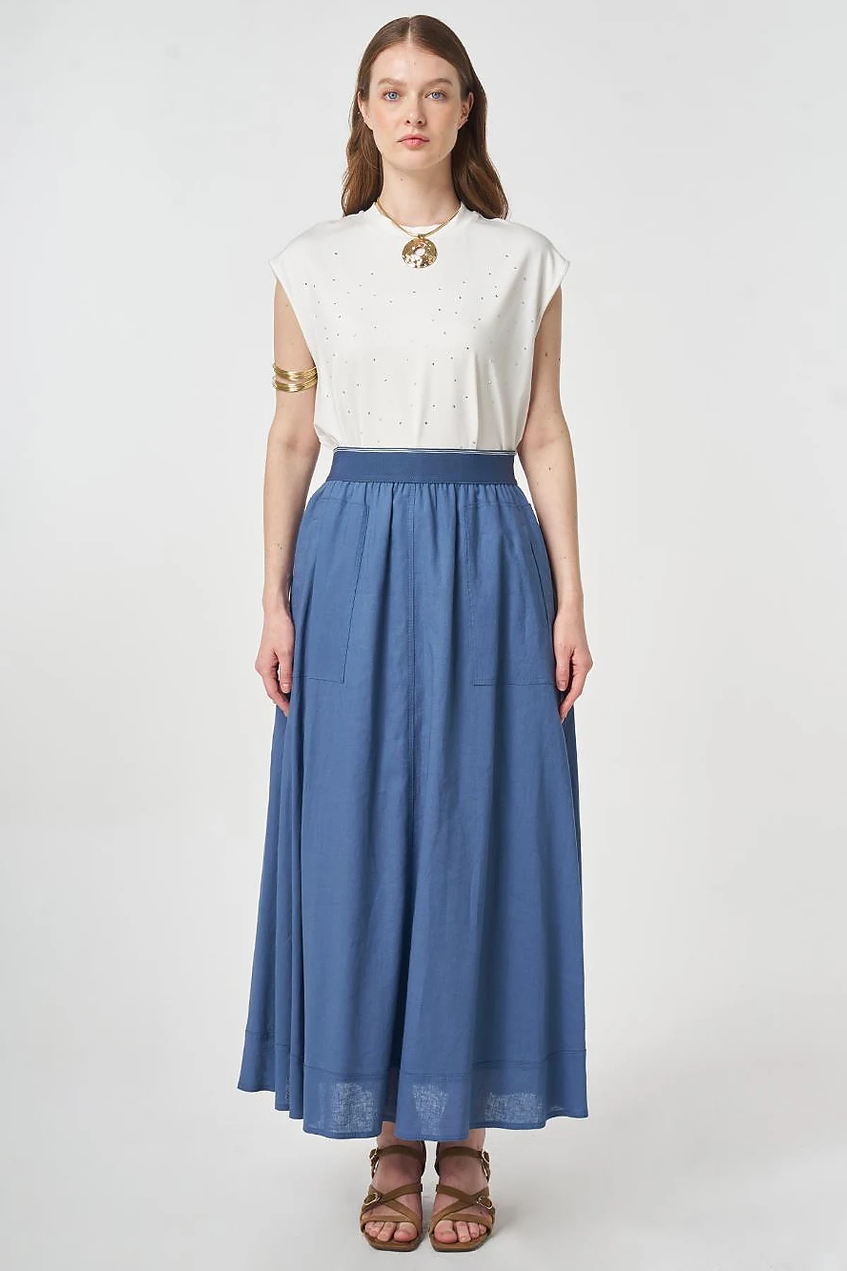 Flared Skirt with Patch Pockets Indigo