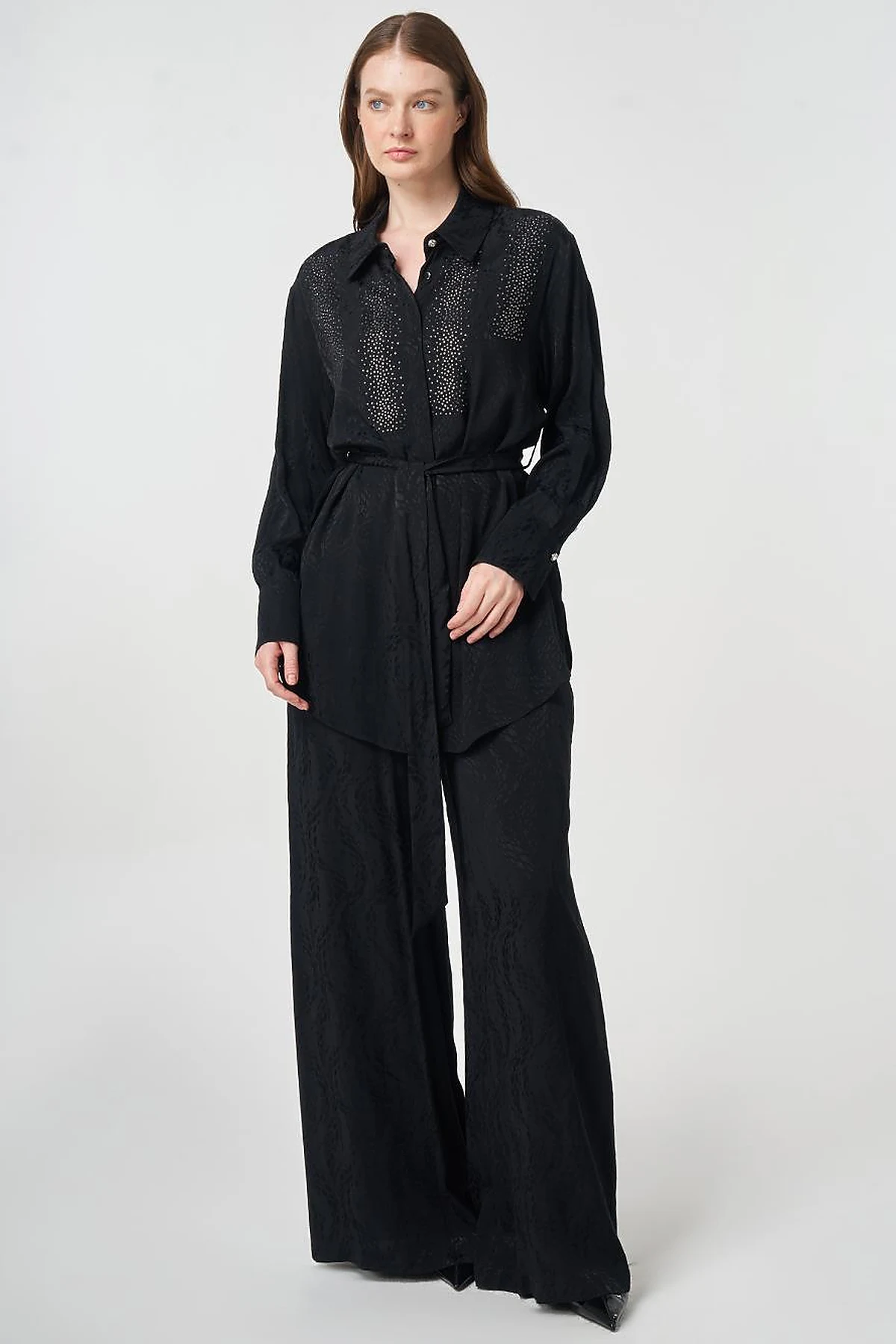 100% Viscose Hotfix Printed Two-Piece Set Black
