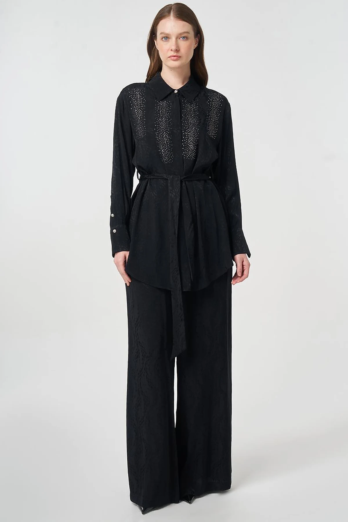 100% Viscose Hotfix Printed Two-Piece Set Black