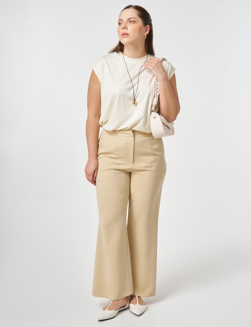 Elastic Waist Wide Leg Trousers Beige