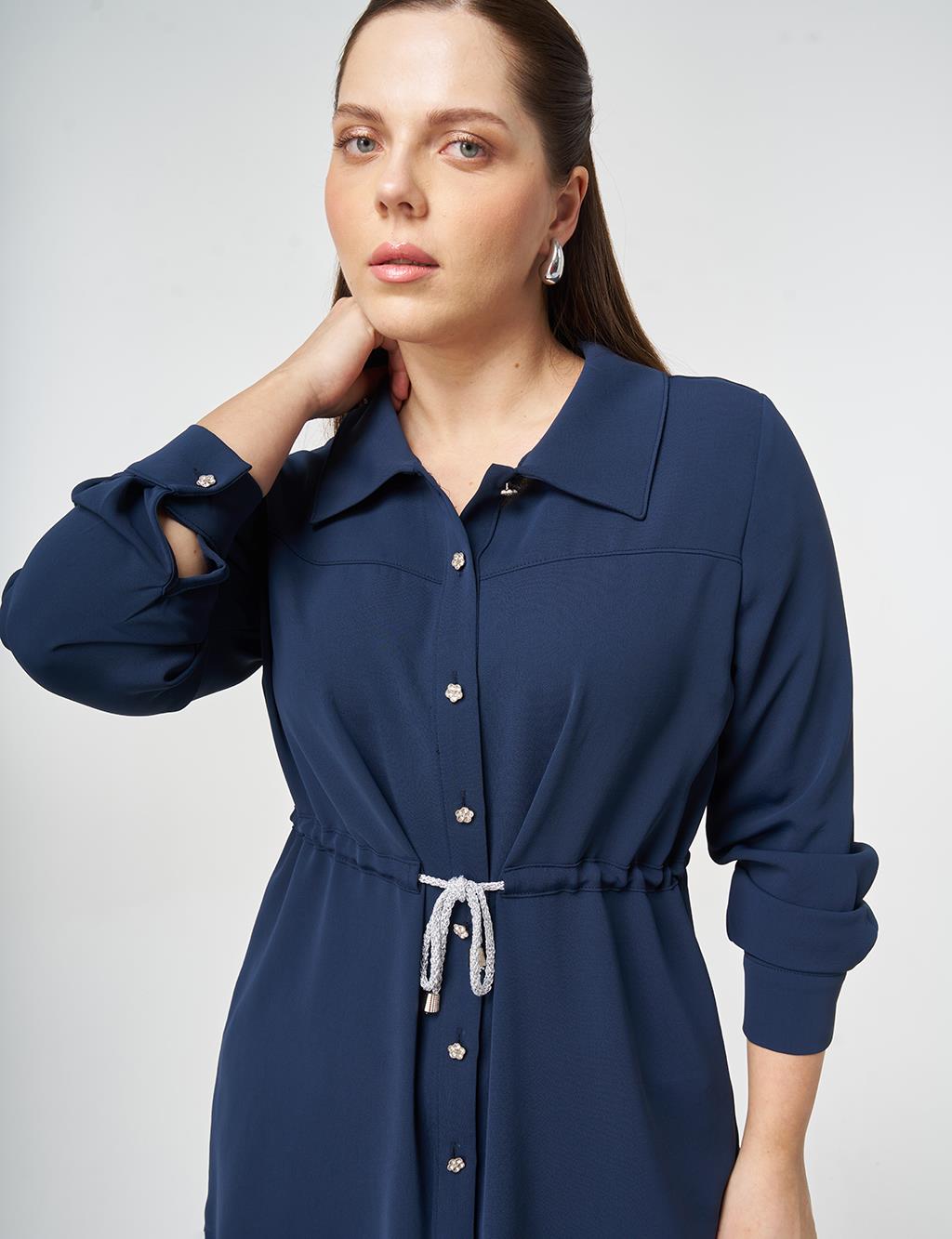 Lace-Up Shirt Collar Tunic Dark Navy