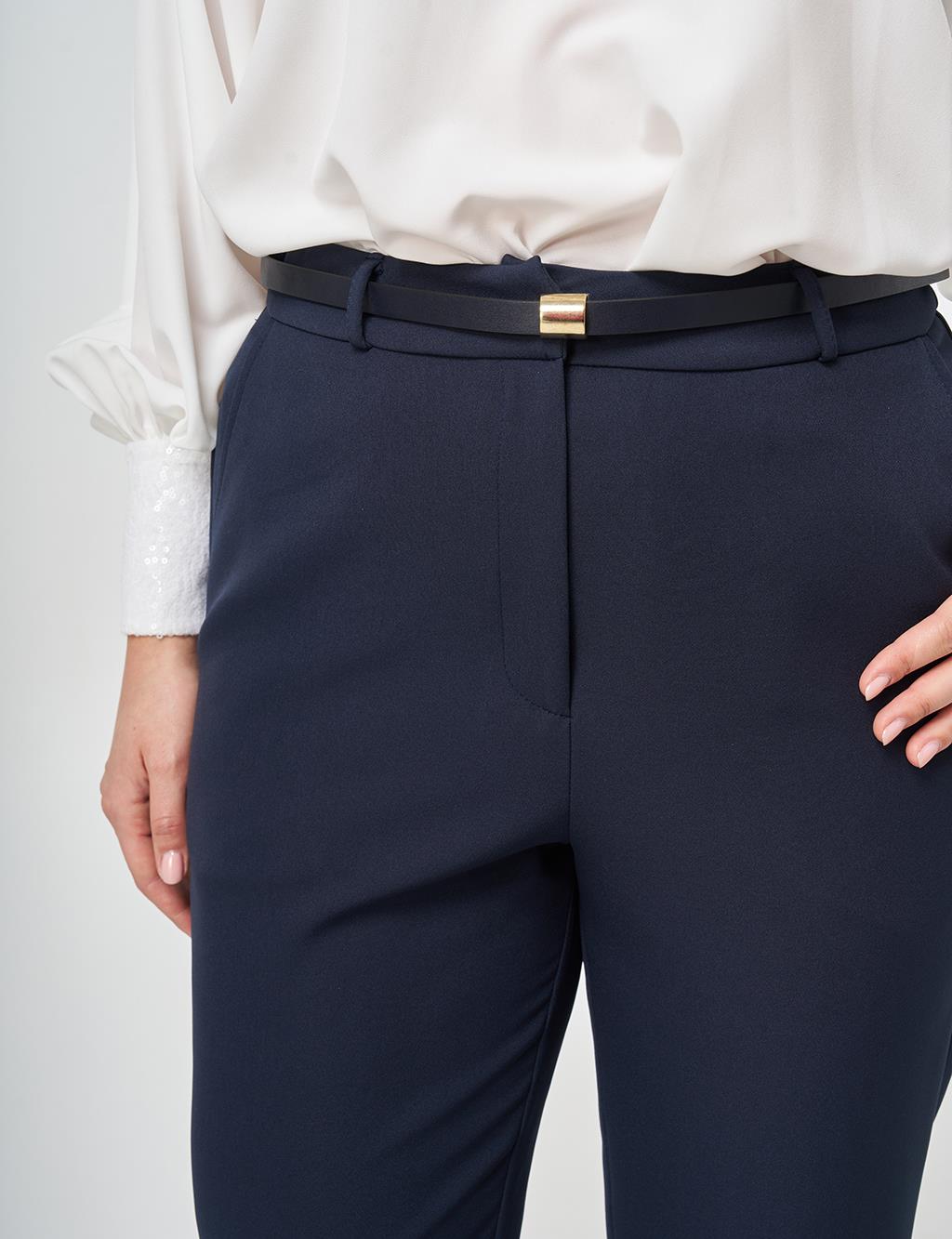 Slim-Belted Straight-Leg Pants Dark Navy