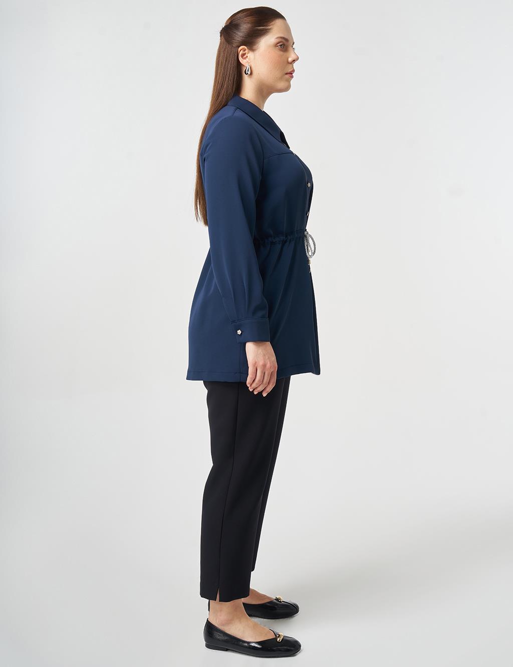 Lace-Up Shirt Collar Tunic Dark Navy