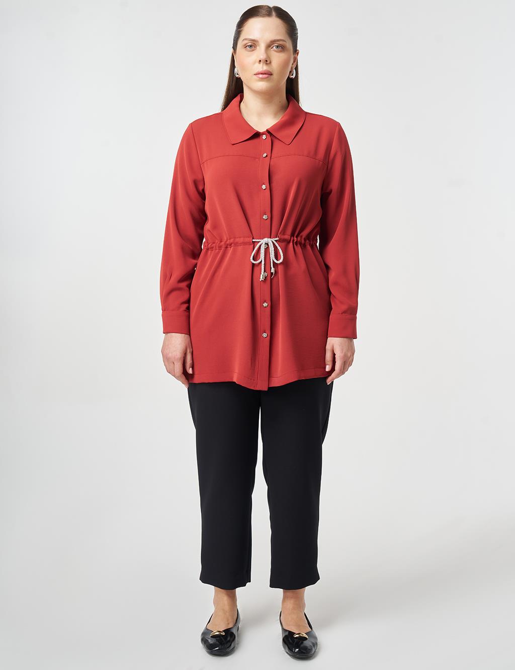 Lace-Up Shirt Collar Tunic Brick Red