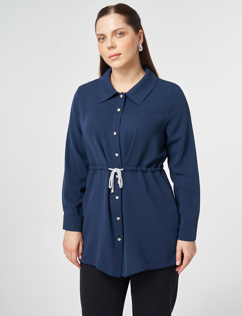 Lace-Up Shirt Collar Tunic Dark Navy