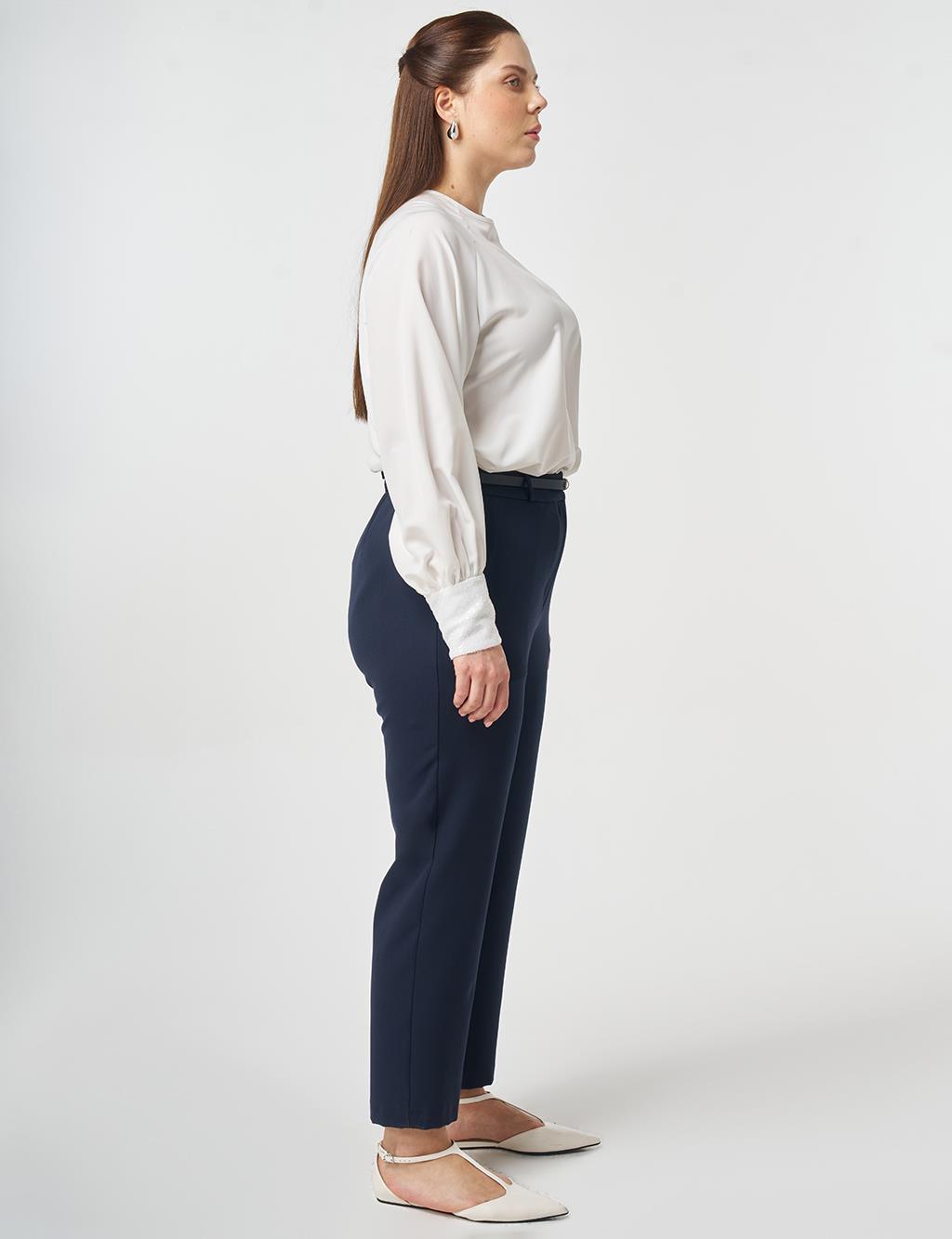 Slim-Belted Straight-Leg Pants Dark Navy