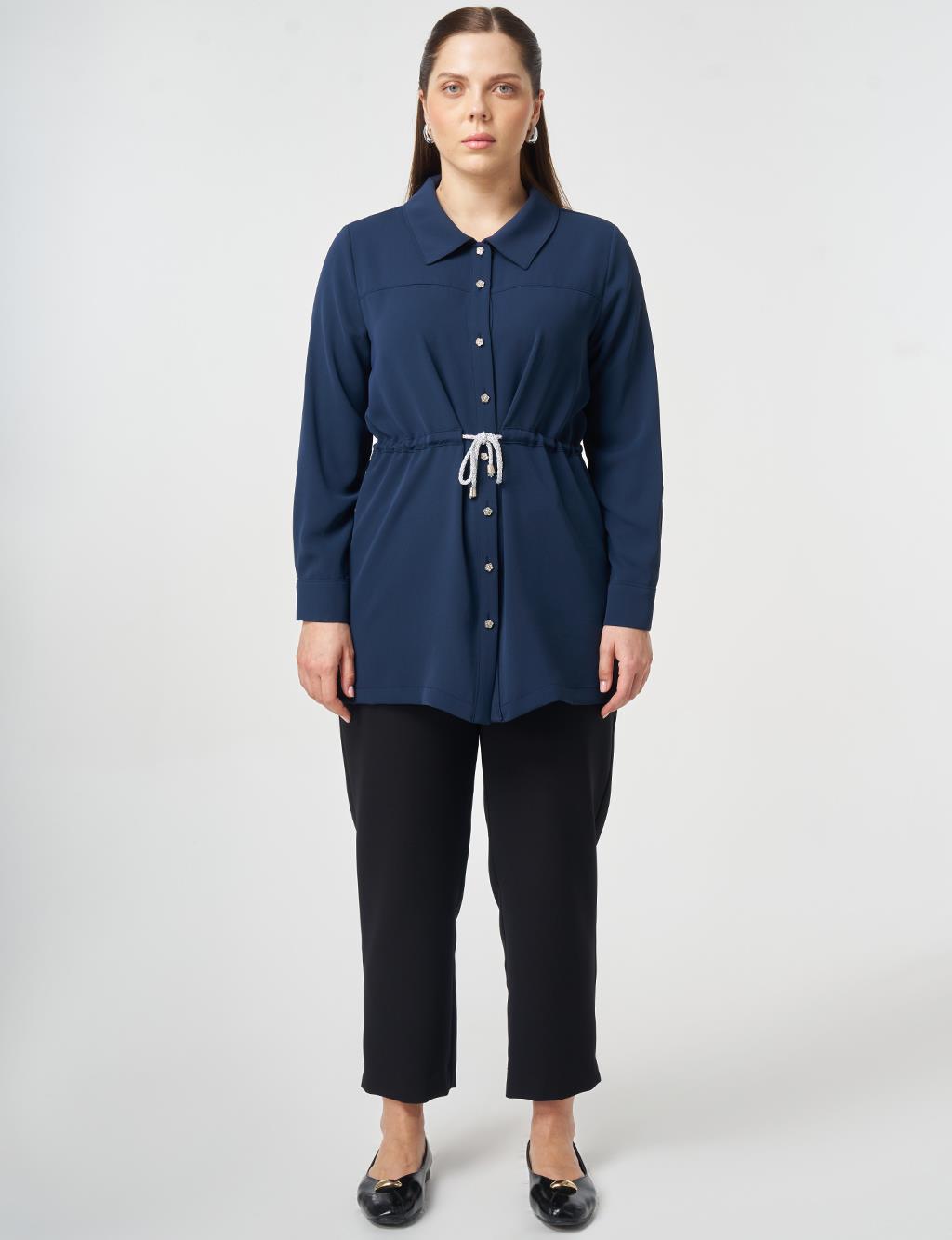 Lace-Up Shirt Collar Tunic Dark Navy