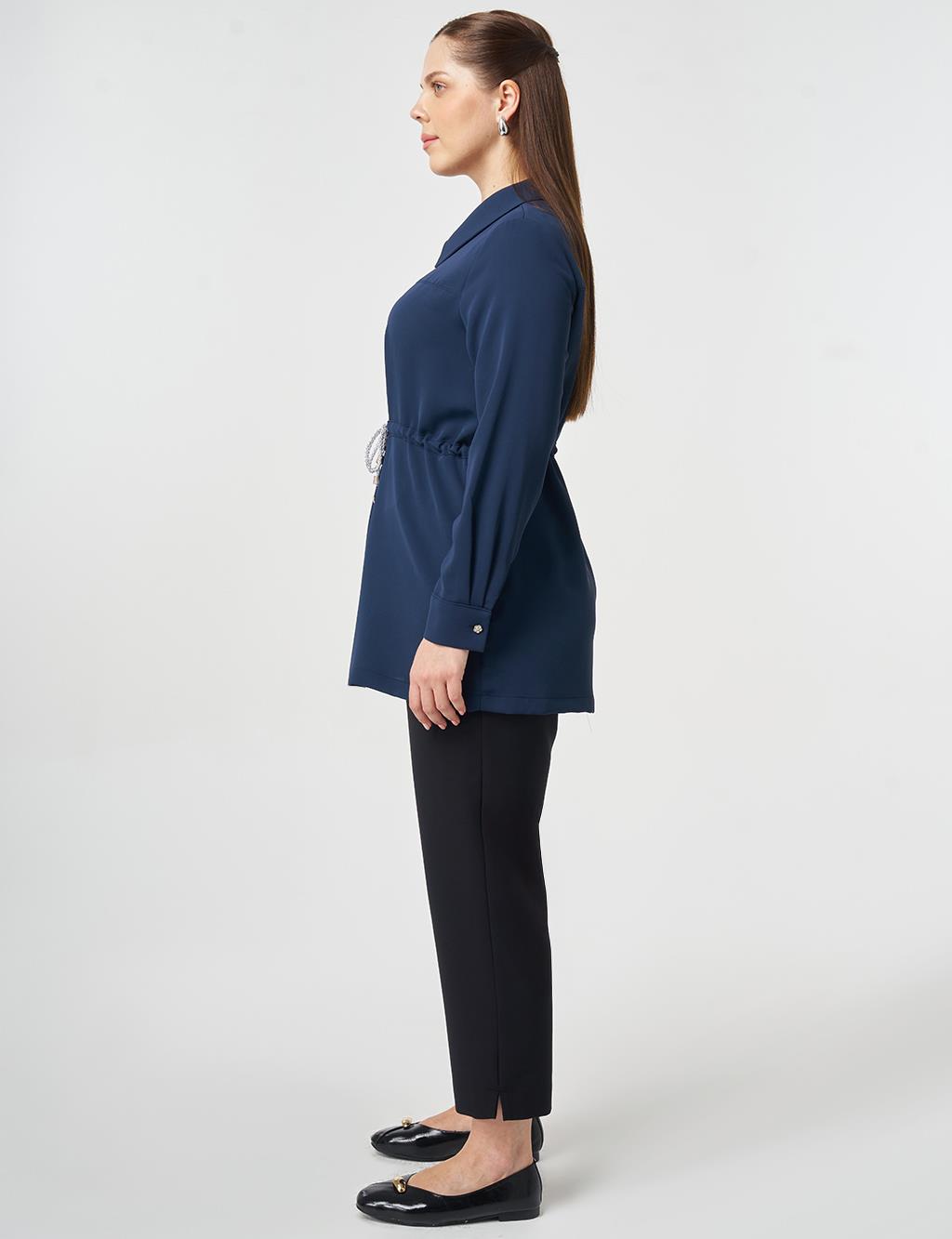 Lace-Up Shirt Collar Tunic Dark Navy