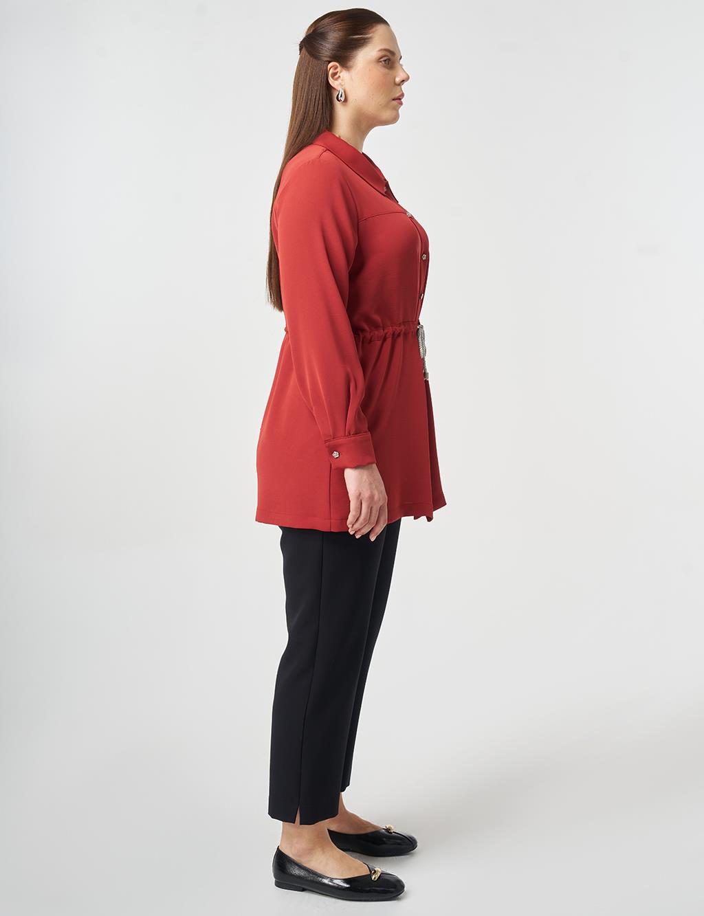 Lace-Up Shirt Collar Tunic Brick Red