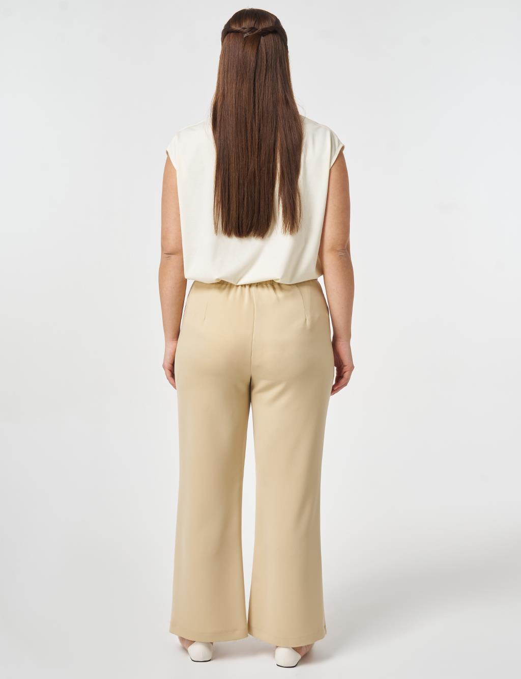 Elastic Waist Wide Leg Trousers Beige