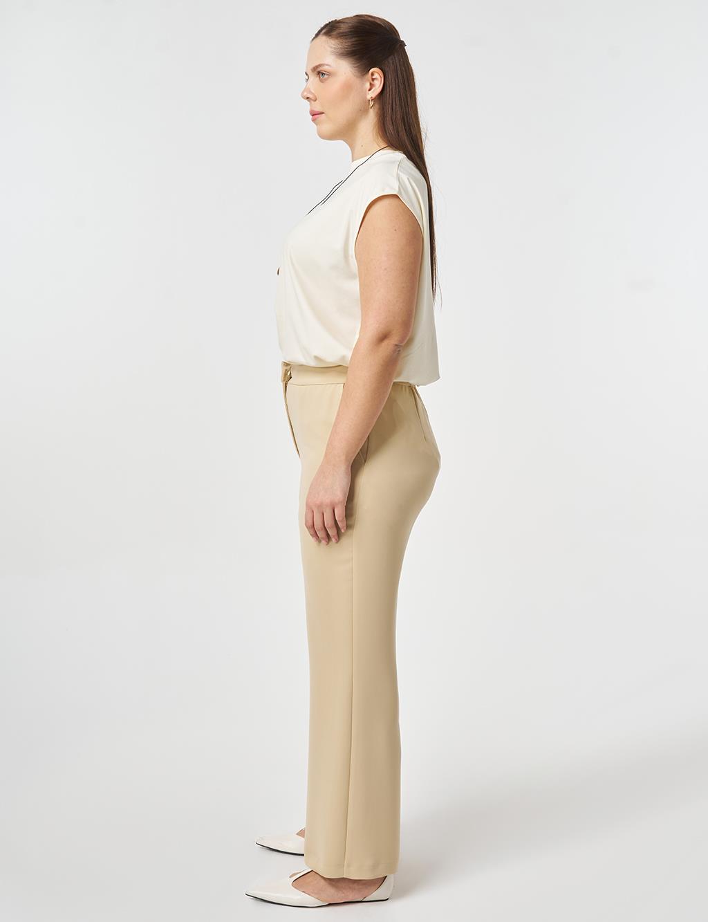 Elastic Waist Wide Leg Trousers Beige