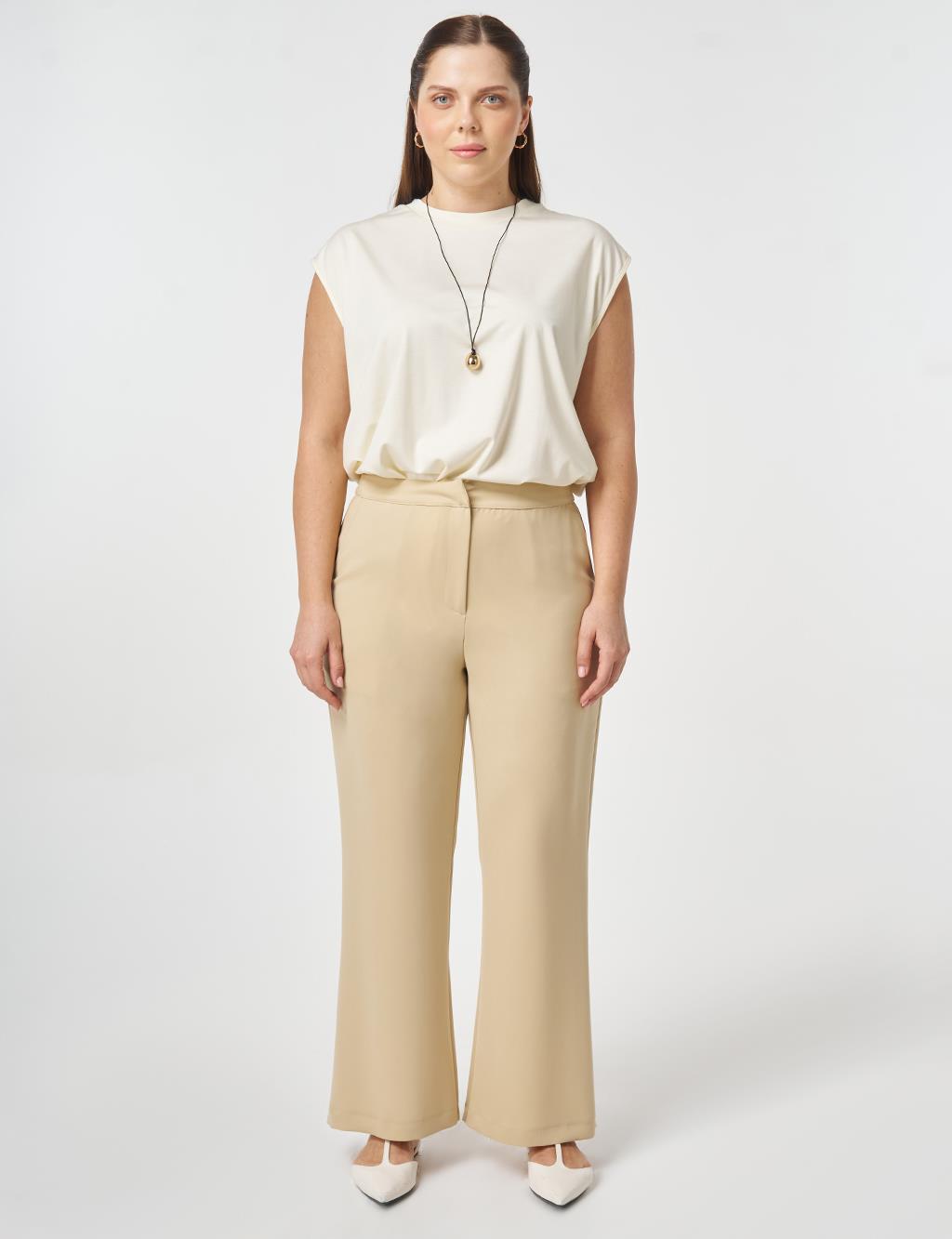 Elastic Waist Wide Leg Trousers Beige