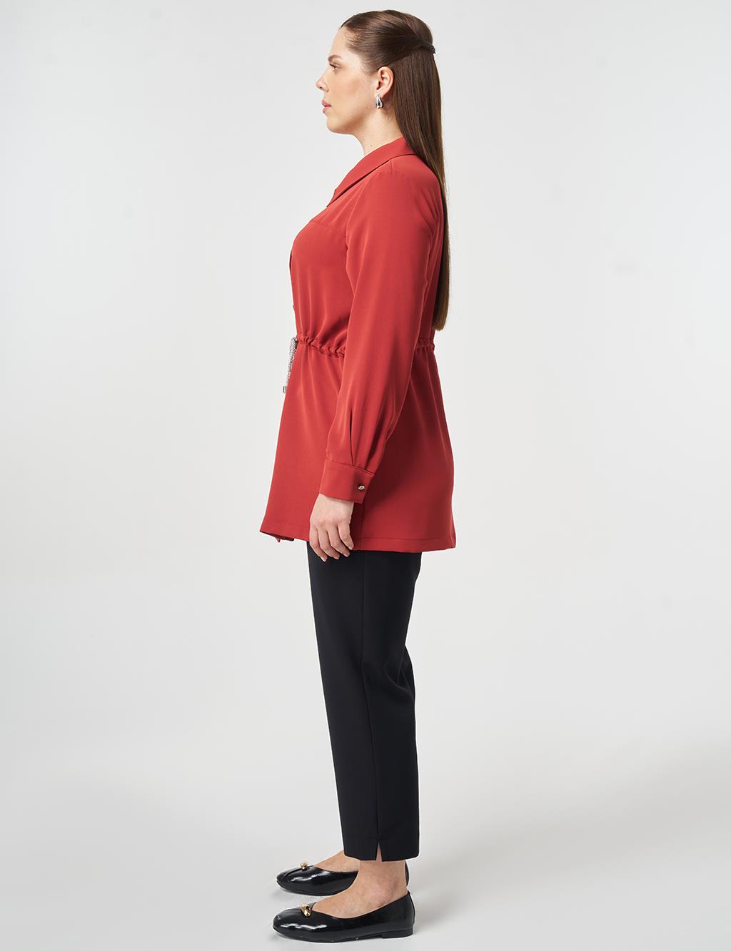 Lace-Up Shirt Collar Tunic Brick Red