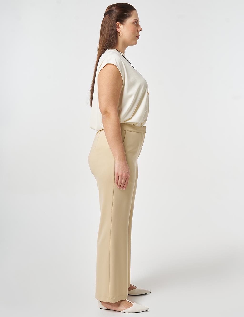 Elastic Waist Wide Leg Trousers Beige