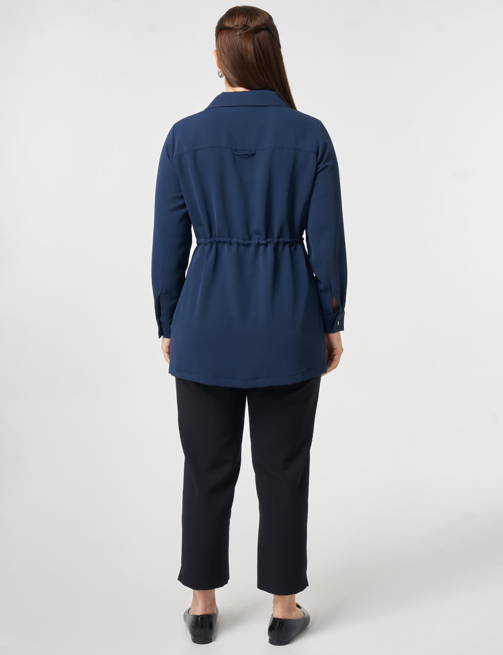 Lace-Up Shirt Collar Tunic Dark Navy