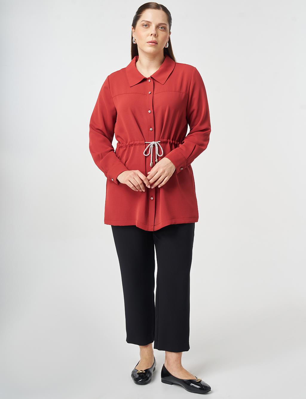 Lace-Up Shirt Collar Tunic Brick Red