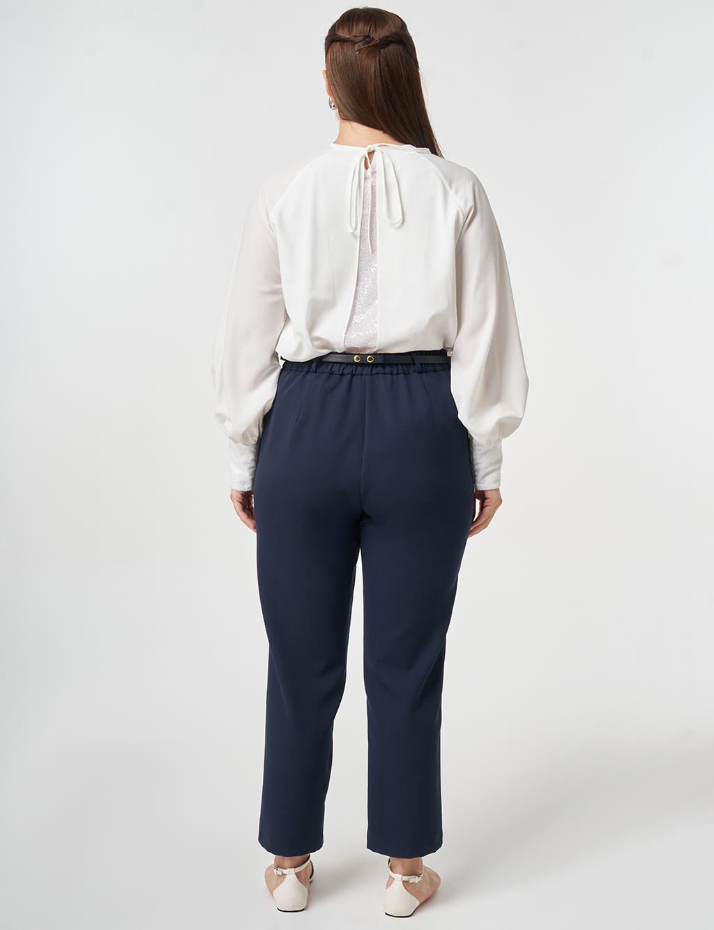 Slim-Belted Straight-Leg Pants Dark Navy