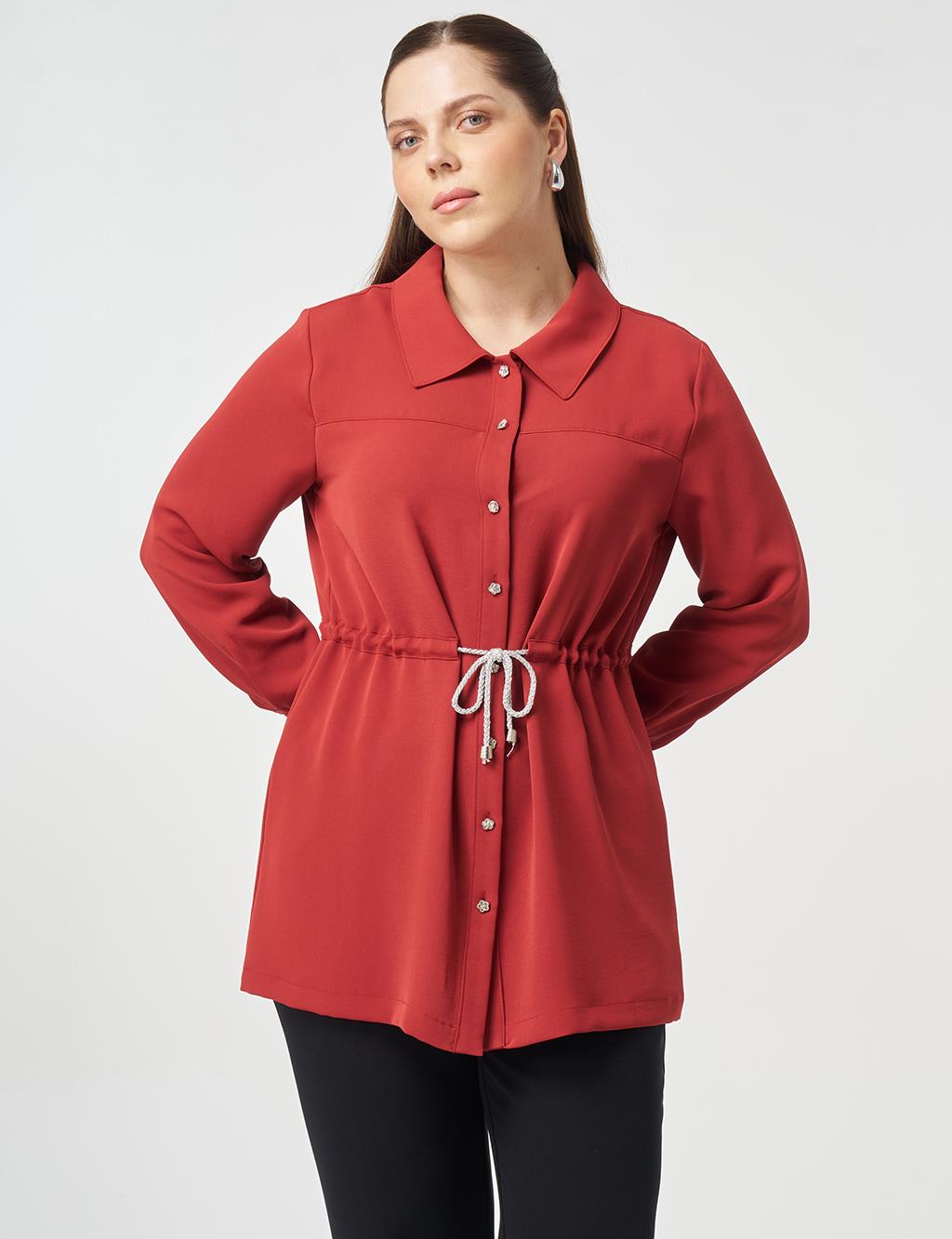Lace-Up Shirt Collar Tunic Brick Red
