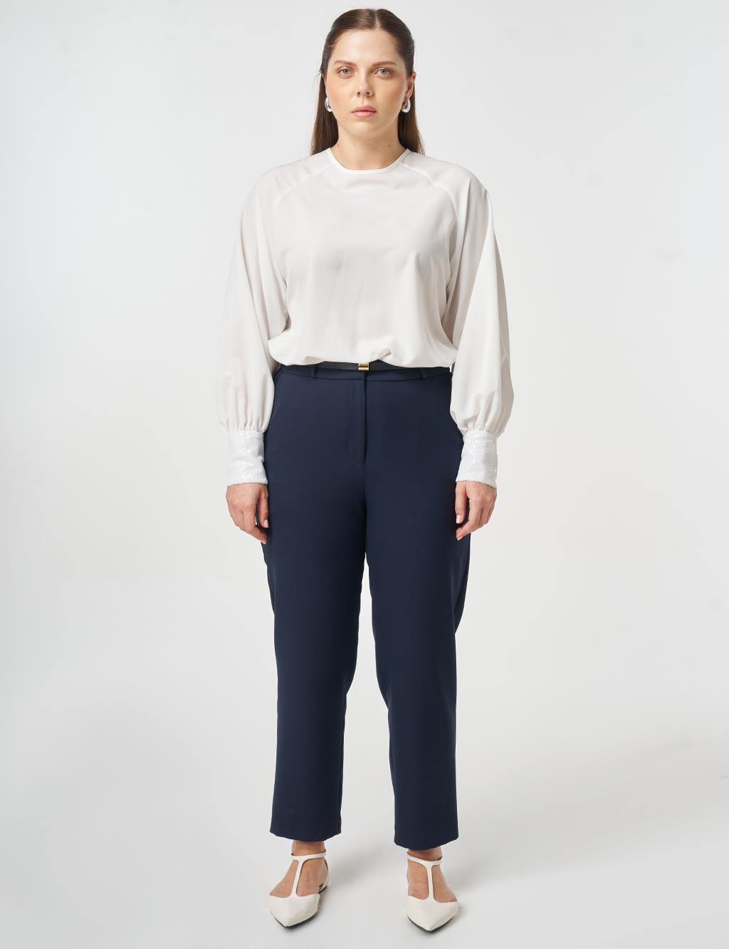 Slim-Belted Straight-Leg Pants Dark Navy
