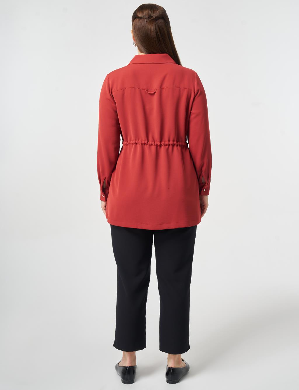 Lace-Up Shirt Collar Tunic Brick Red