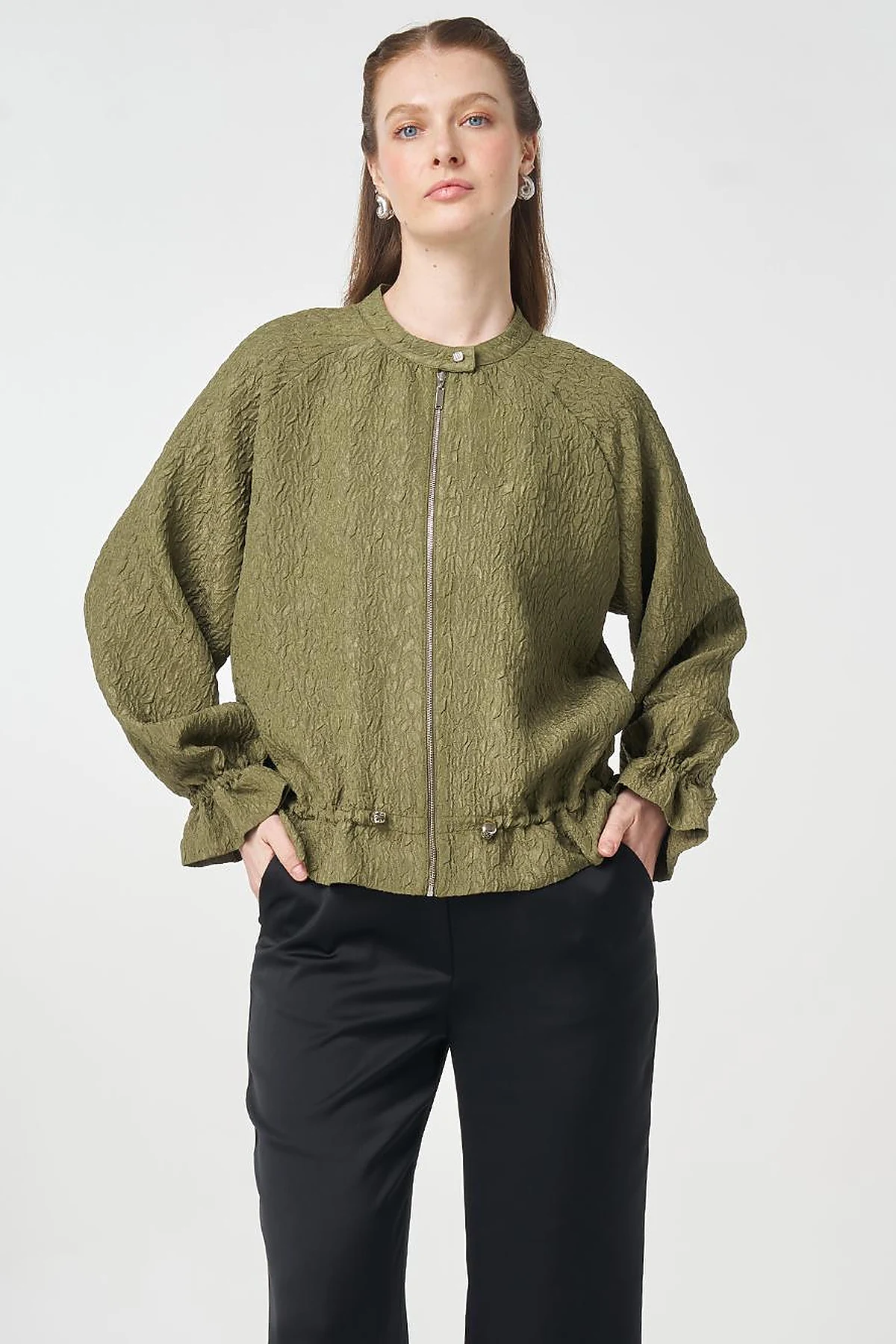 Raglan Sleeve Embossed Jacket Khaki