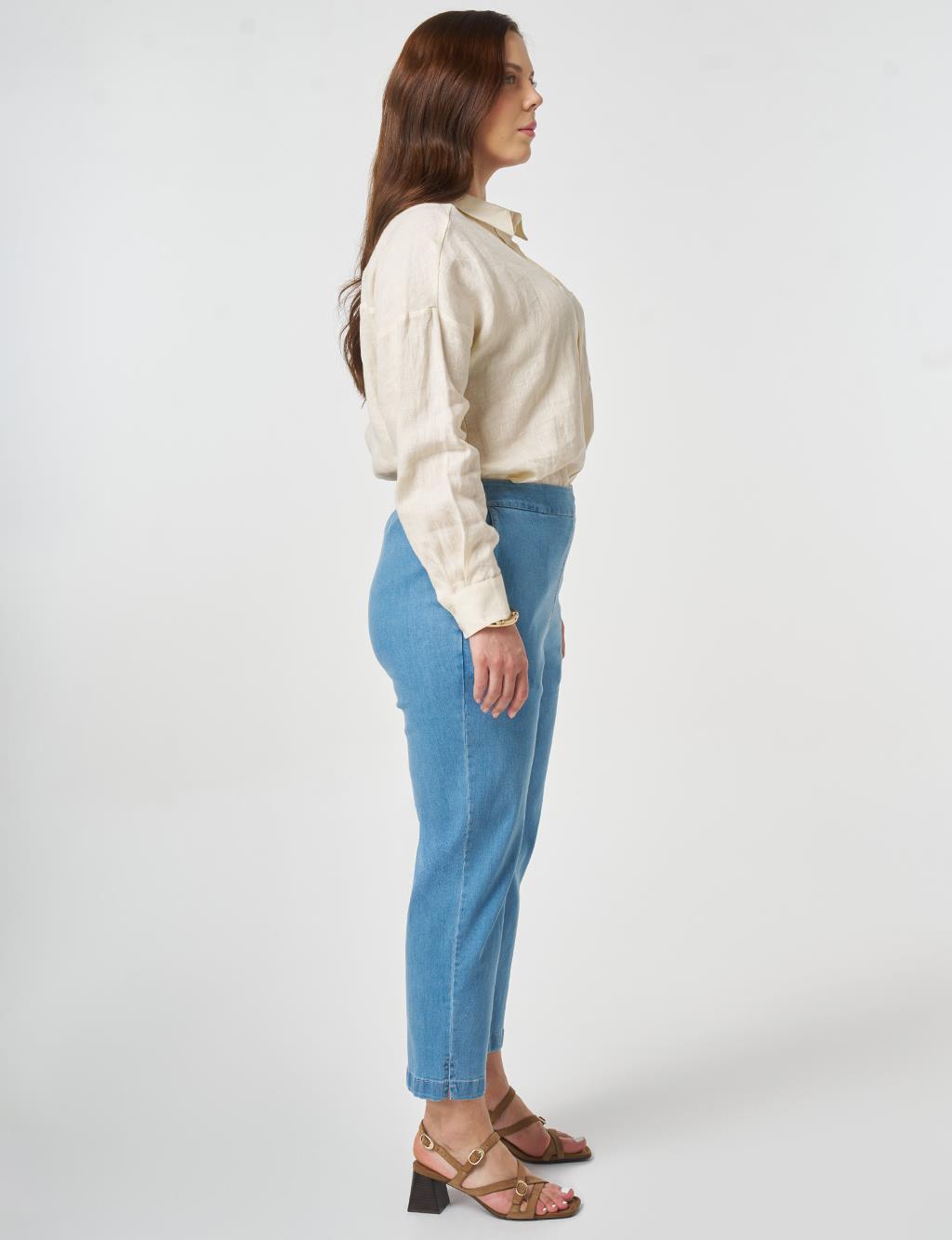 Elastic Waist Washed Denim Pants Blue