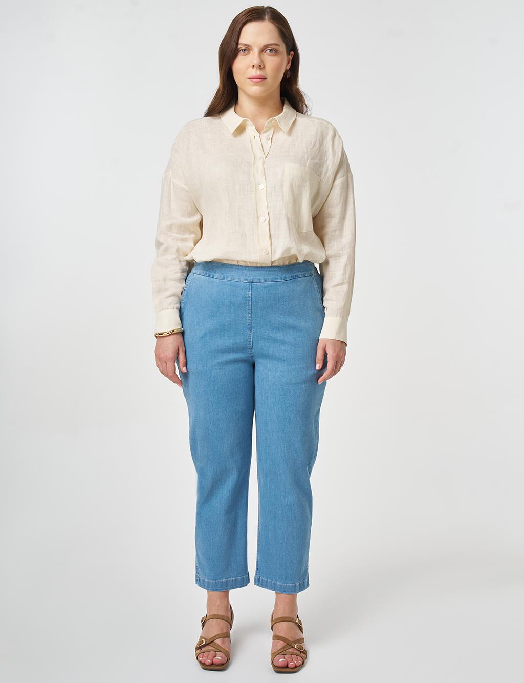 Elastic Waist Washed Denim Pants Blue