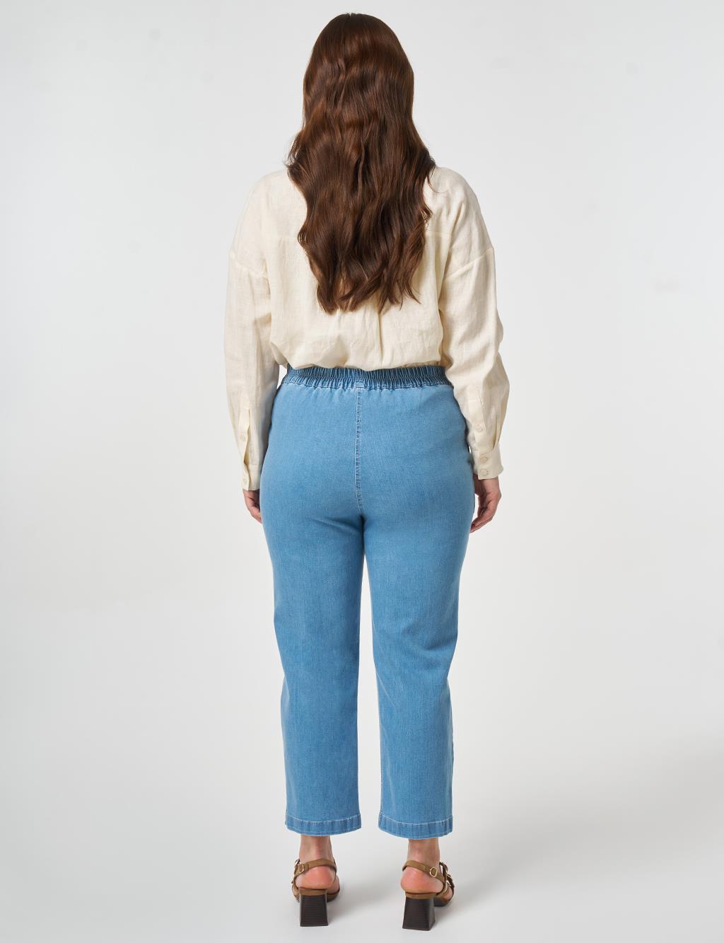 Elastic Waist Washed Denim Pants Blue