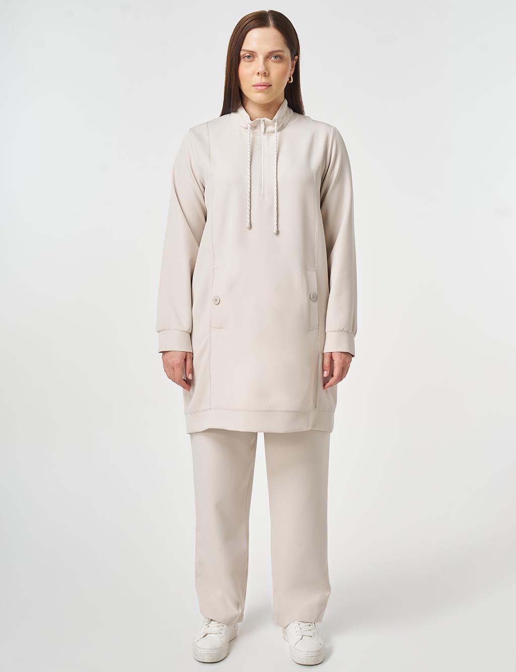 Button Detailed Two-Piece Set Light Gray