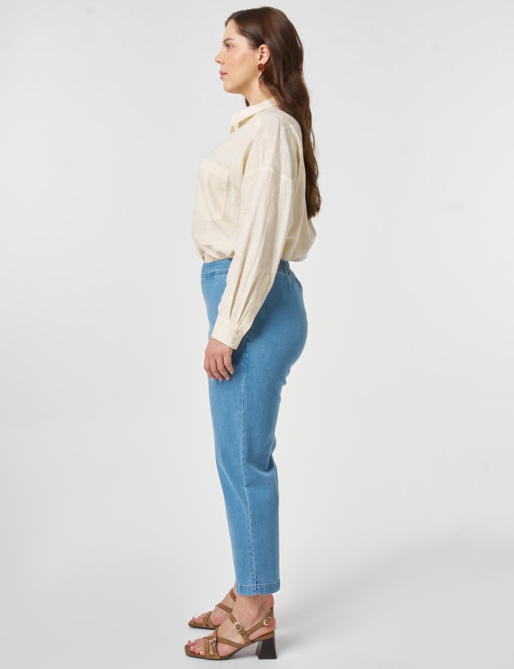 Elastic Waist Washed Denim Pants Blue