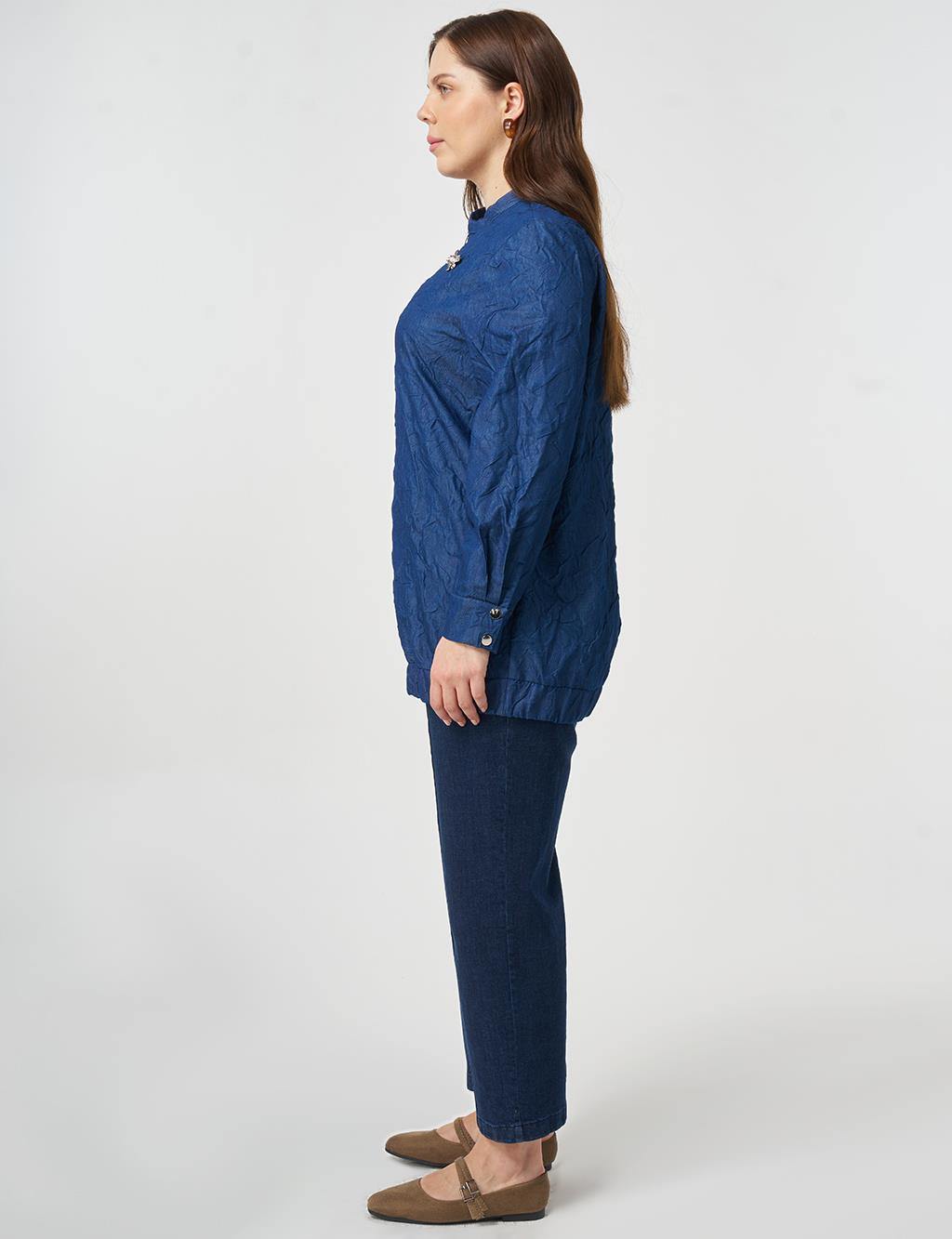 Broş Detaylı Kabartma Desen Ceket İndigo