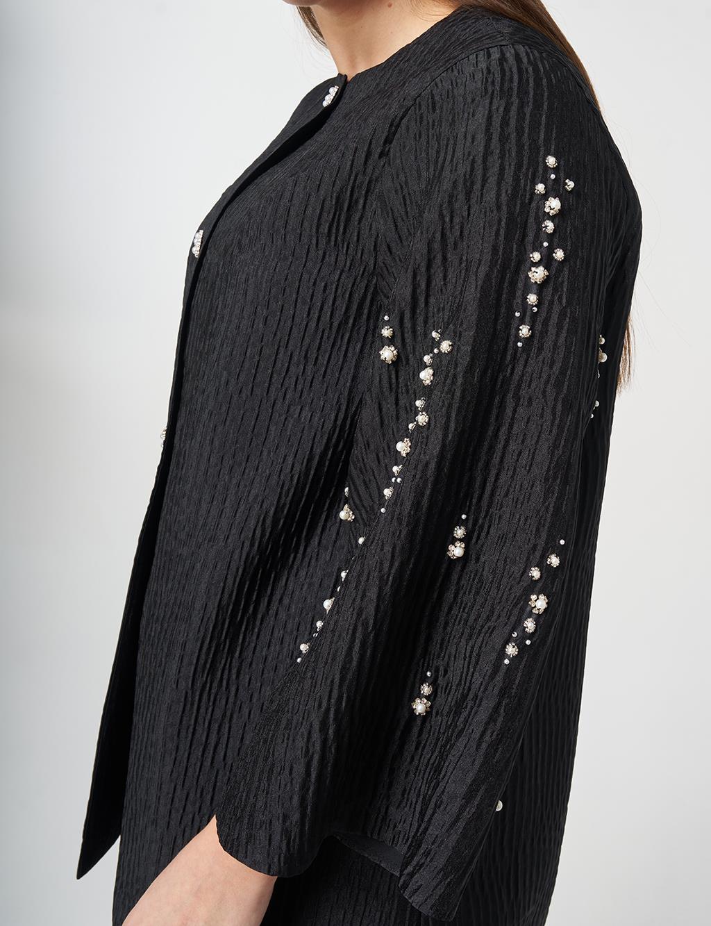 İnci Düğmeli Jakarlı Ceket Siyah