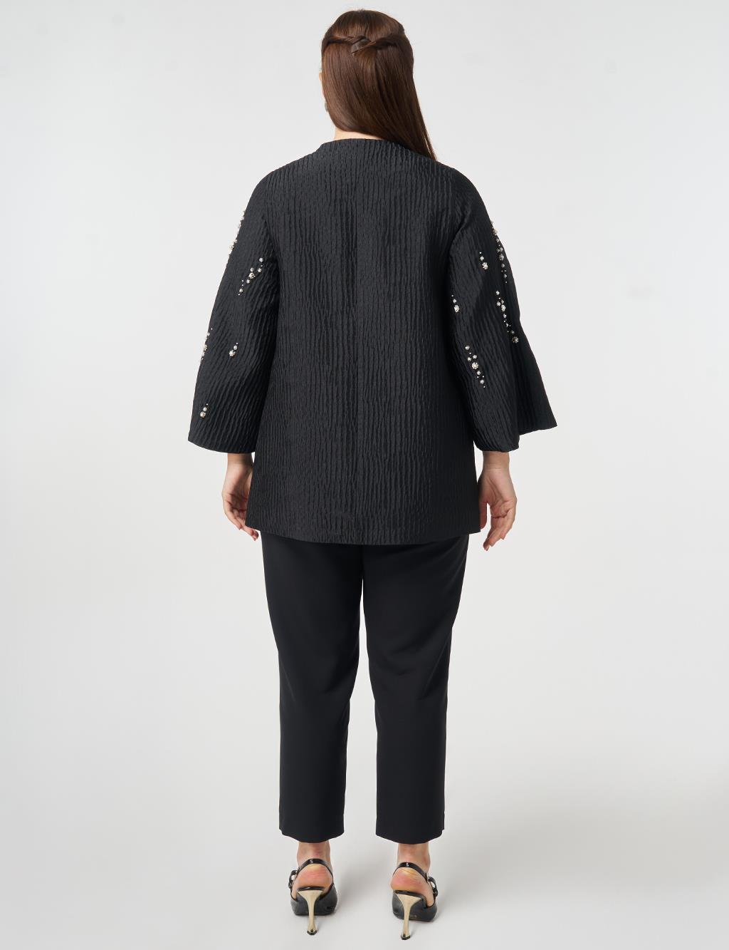 İnci Düğmeli Jakarlı Ceket Siyah