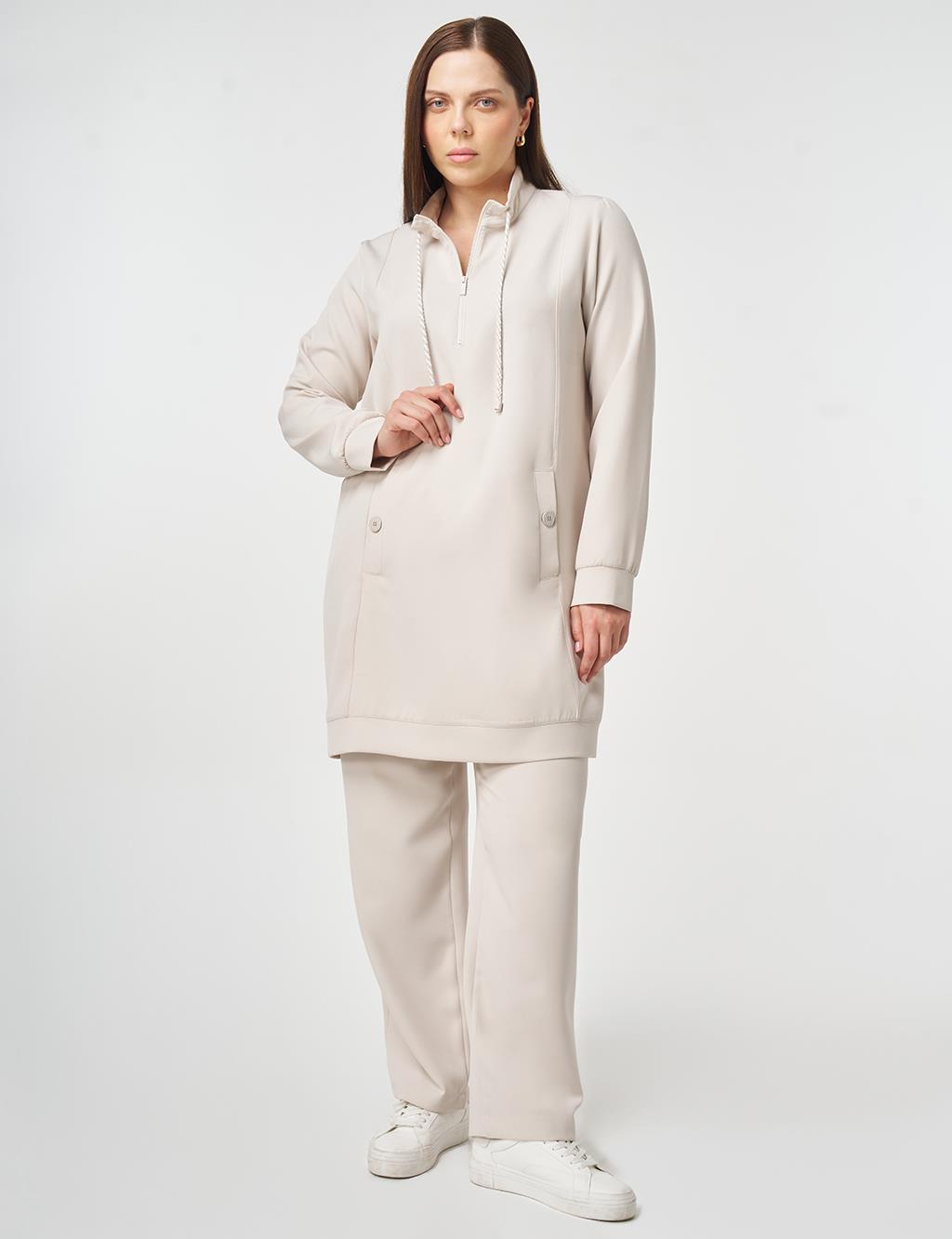 Button Detailed Two-Piece Set Light Gray