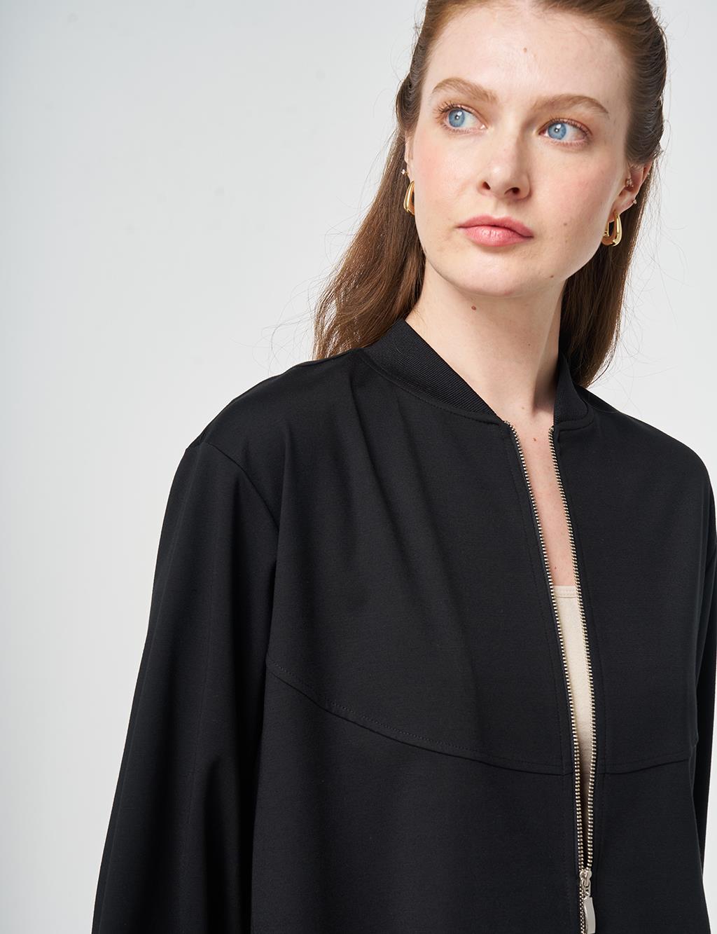 Zipper Closure College Collar Jacket Black