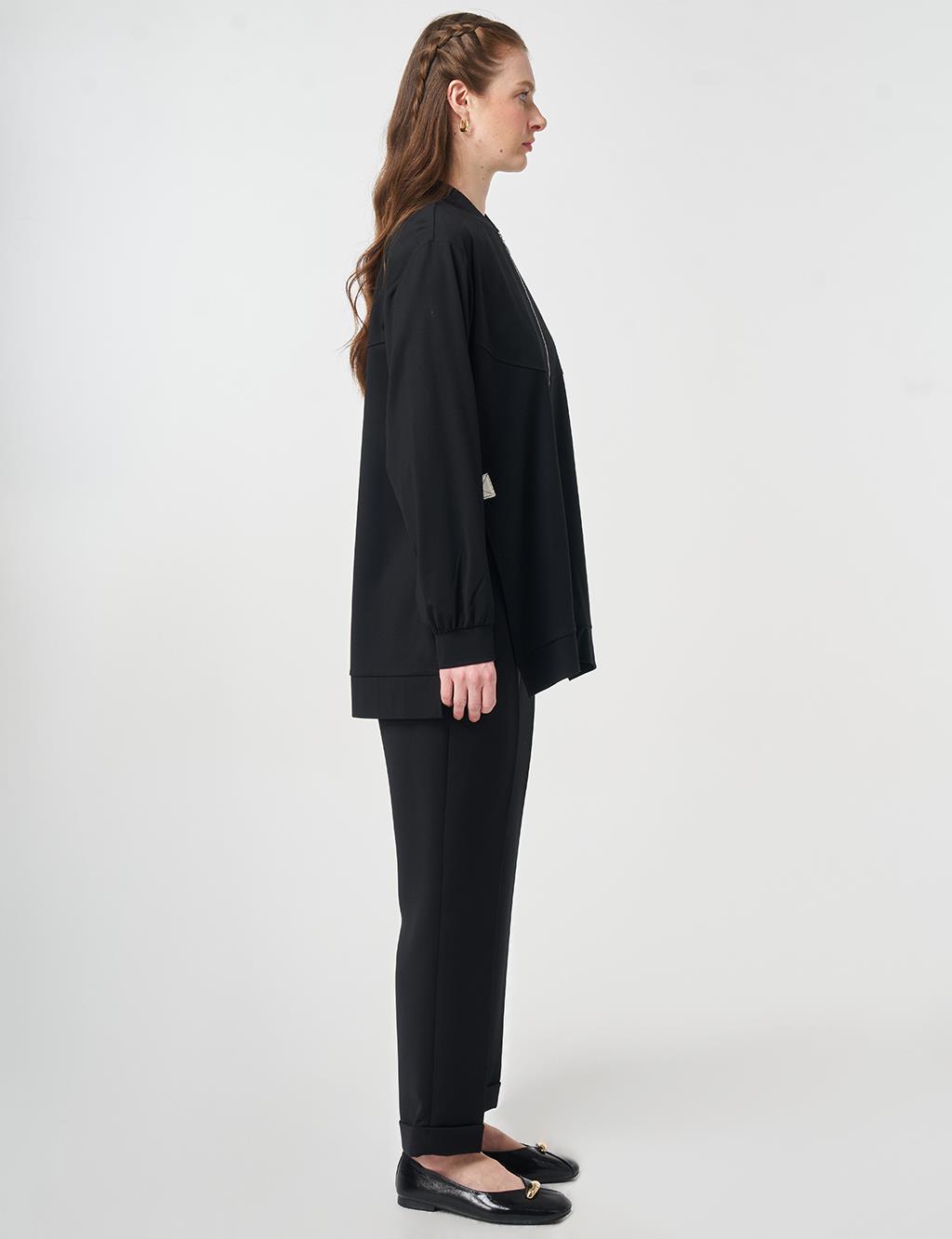 Zipper Closure College Collar Jacket Black