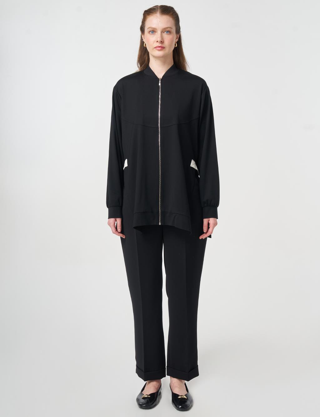 Zipper Closure College Collar Jacket Black