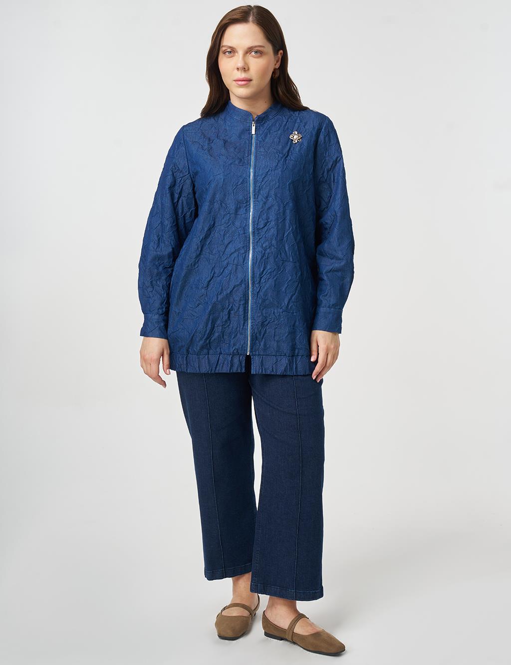 Broş Detaylı Kabartma Desen Ceket İndigo
