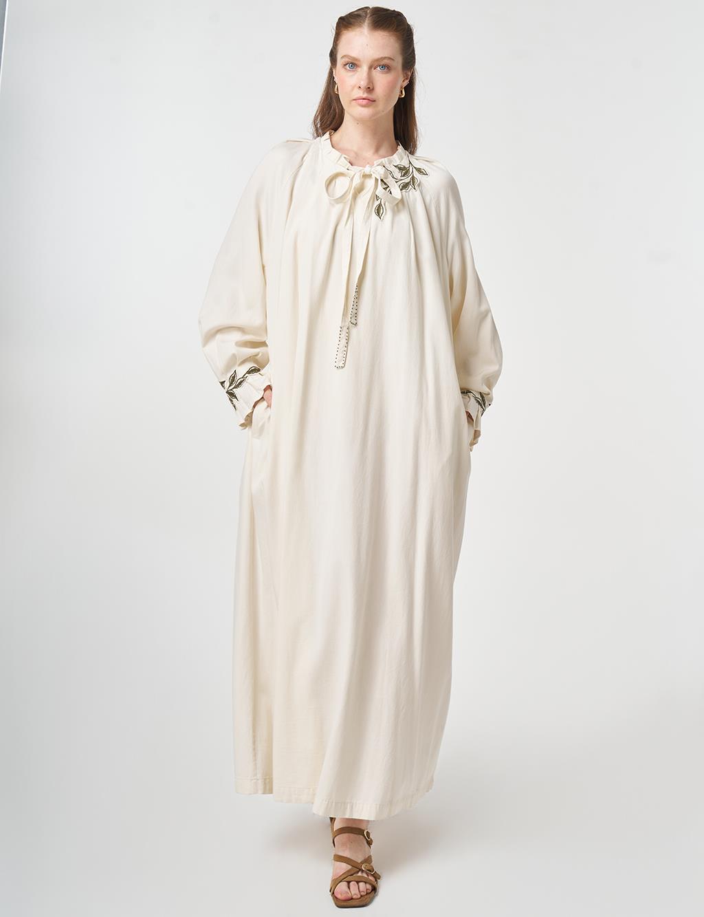 Cuff Detailed Lyocell Cotton Dress Cream