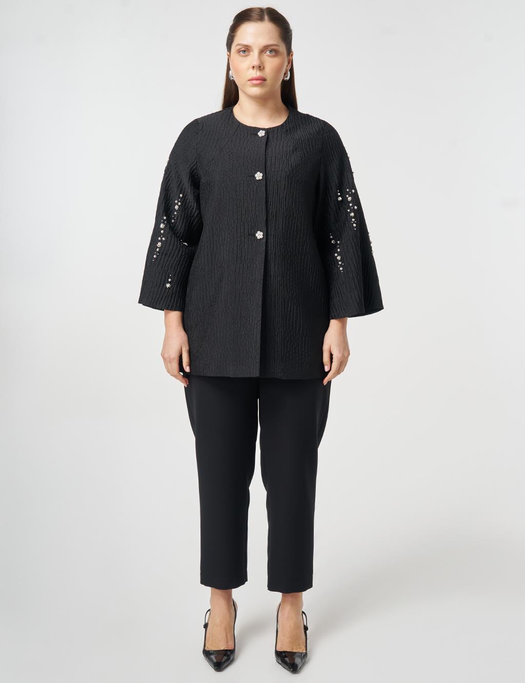 İnci Düğmeli Jakarlı Ceket Siyah