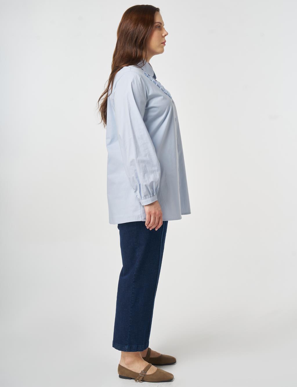 Mesh-Trimmed Baby Collar Blouse Blue