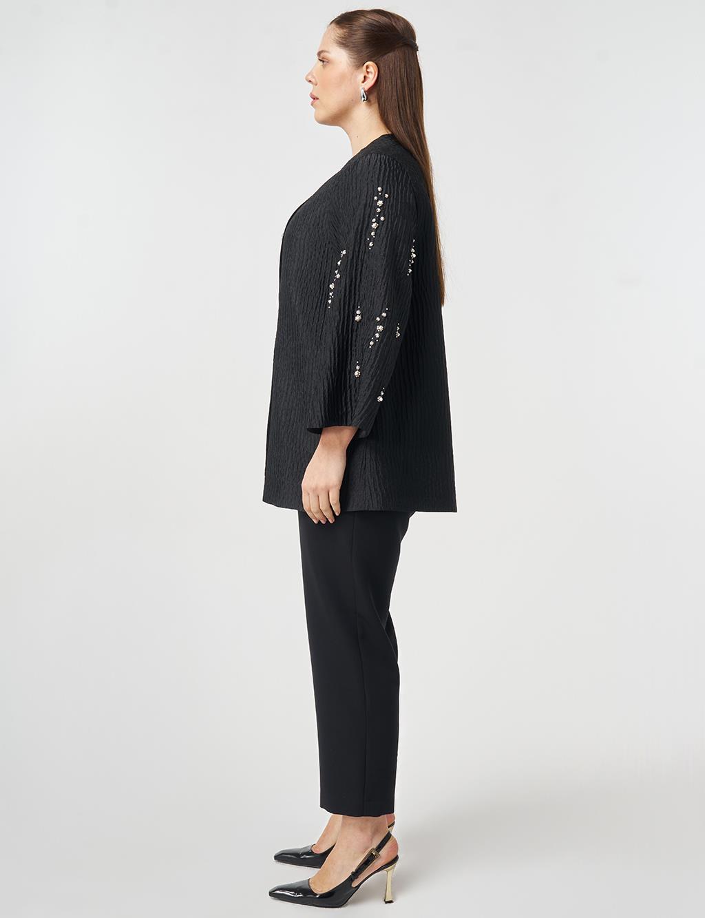 İnci Düğmeli Jakarlı Ceket Siyah
