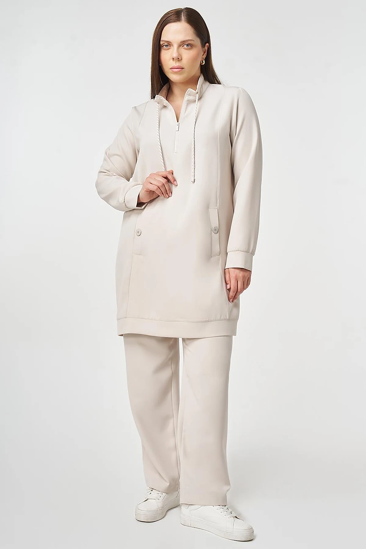 Button Detailed Two-Piece Set Light Gray