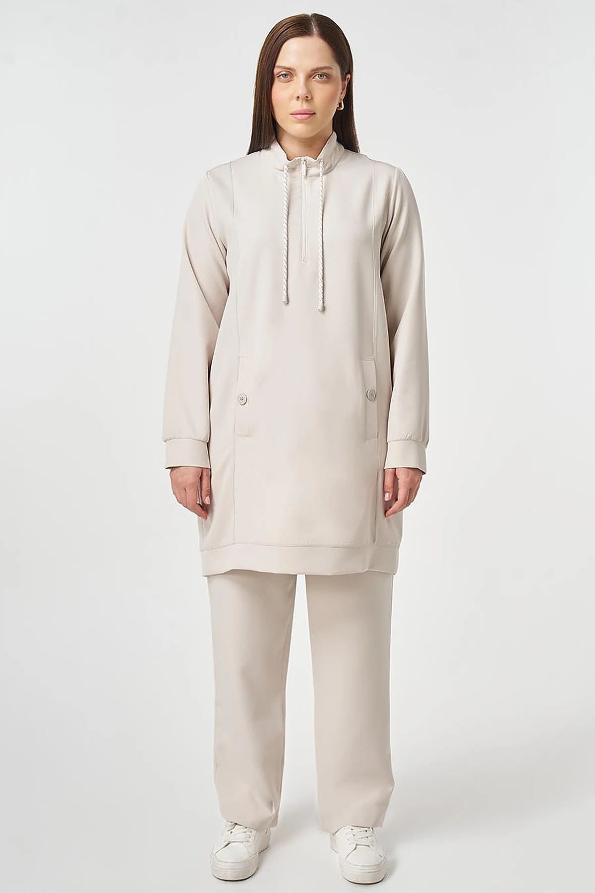 Button Detailed Two-Piece Set Light Gray