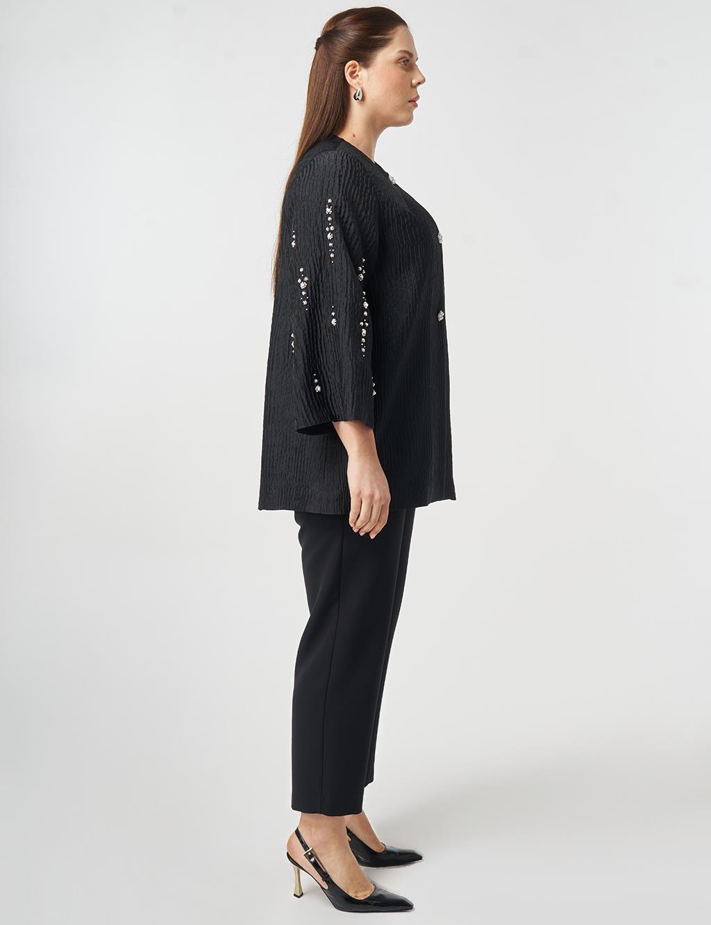 İnci Düğmeli Jakarlı Ceket Siyah