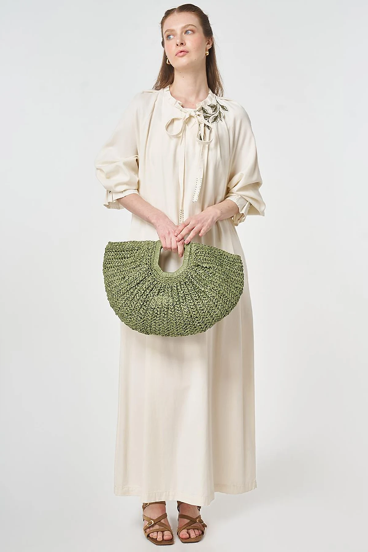 Cuff Detailed Lyocell Cotton Dress Cream