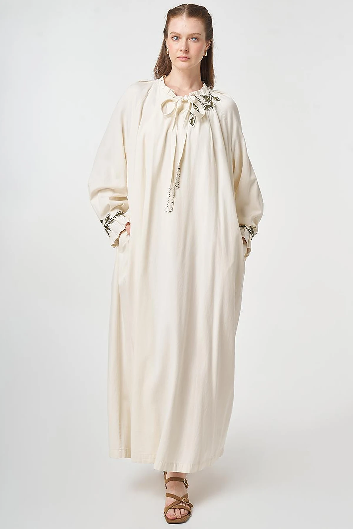 Cuff Detailed Lyocell Cotton Dress Cream