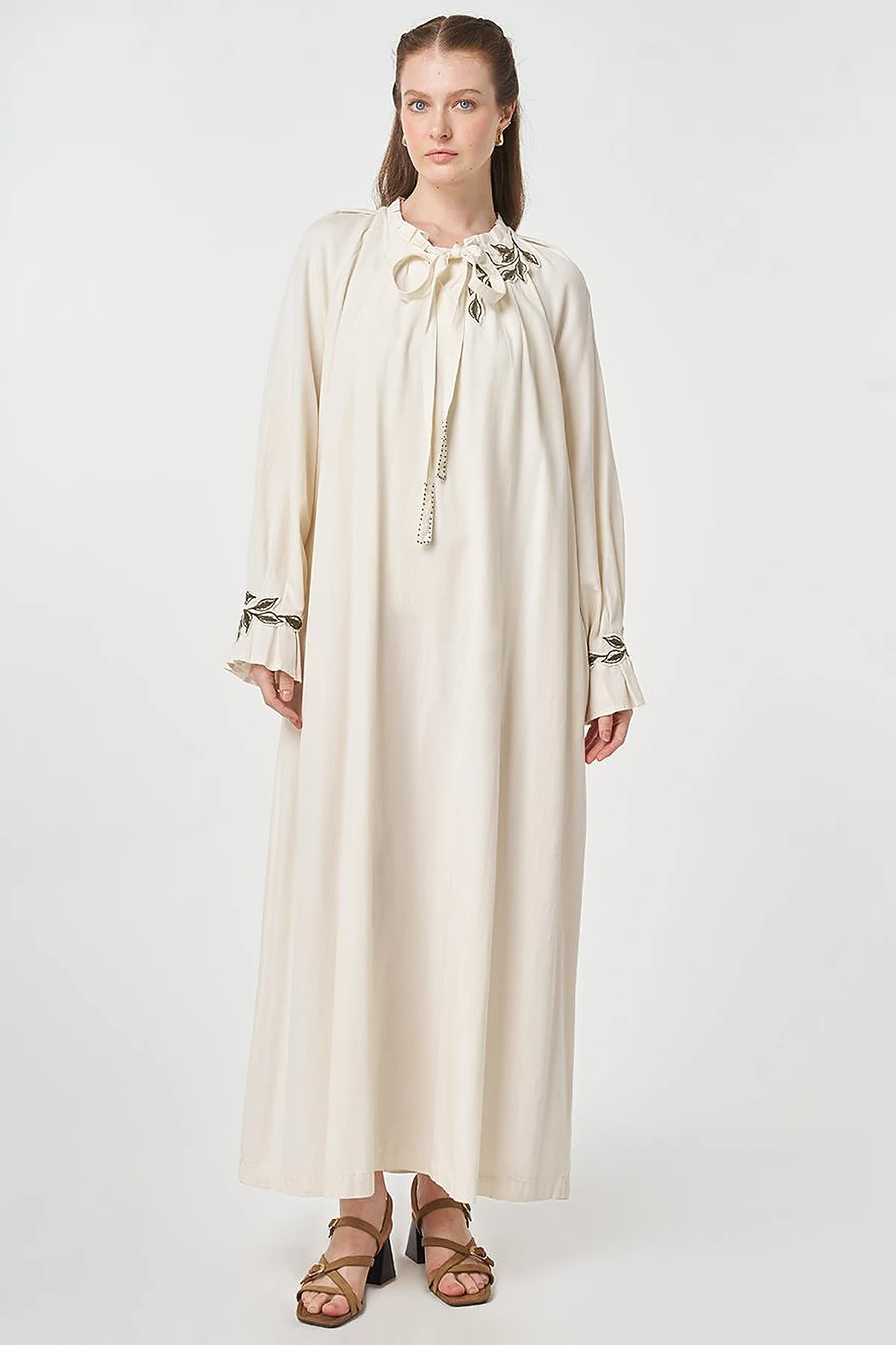 Cuff Detailed Lyocell Cotton Dress Cream